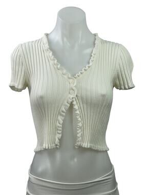 Isalis Women's Cream Short Sleeve Ribbed Knit Ruffle Cardigan Crop Top Size S